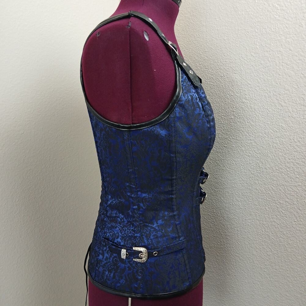 Kimring Corset XXL Gothic Steampunk Brocade Overbust Steel Boned Bustier Blue - Picture 4 of 13